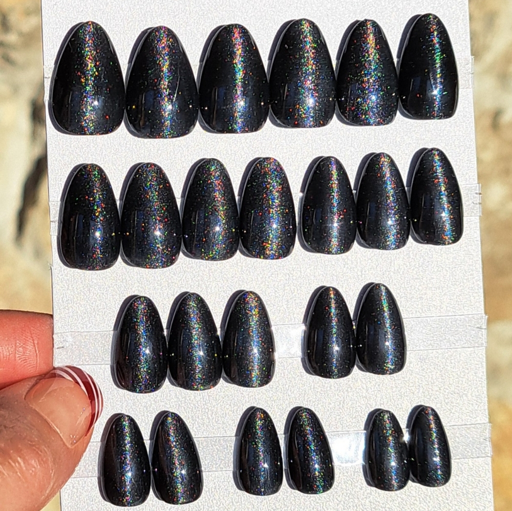 Set of 24 Black Cat Eye Hand Painted Almond Press-On Nails Apres Gel Holographic